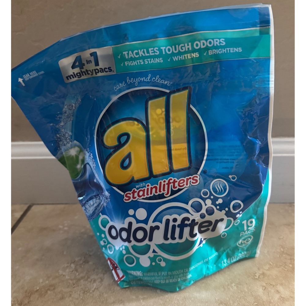 1-All with Stainlifters Odor Lifter 4-in-1 Mighty Pacs Laundry Detergent 19count